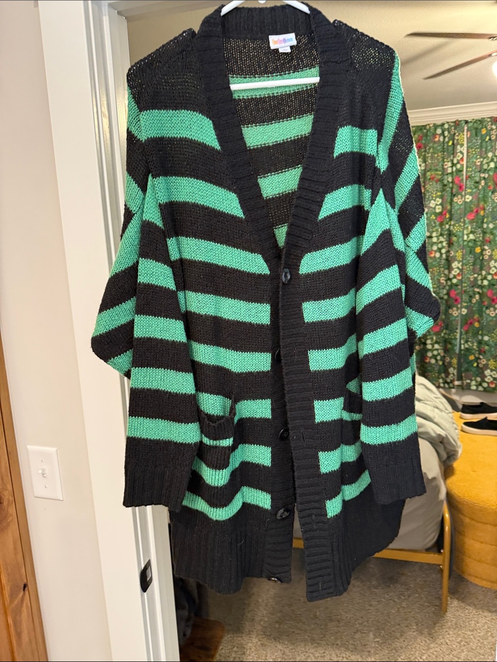 LuLaRoe Black and Mint Striped Open-Front Cardigan